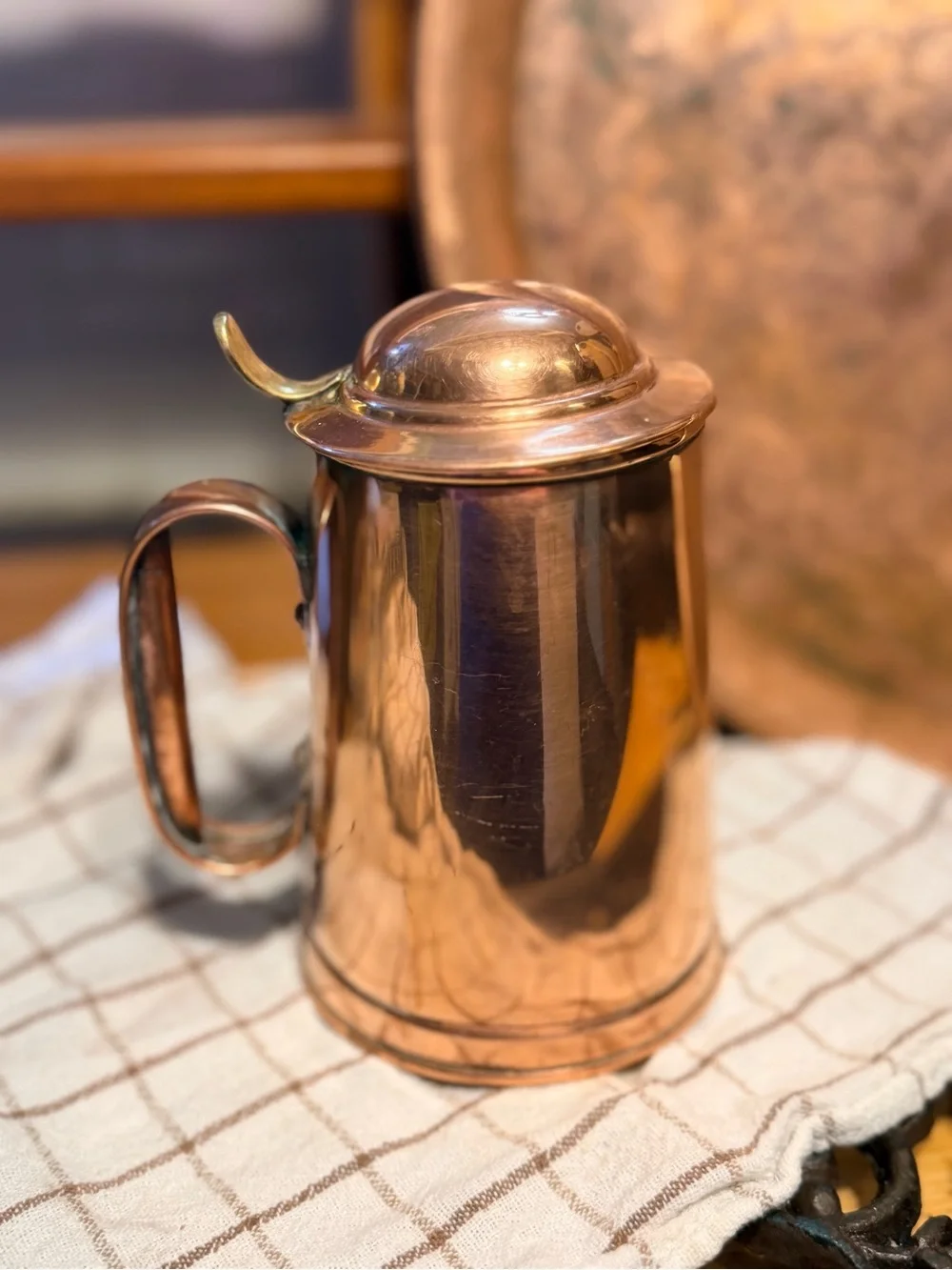 Vintage British Copper Lidded Tankard, copper and brass beer stein